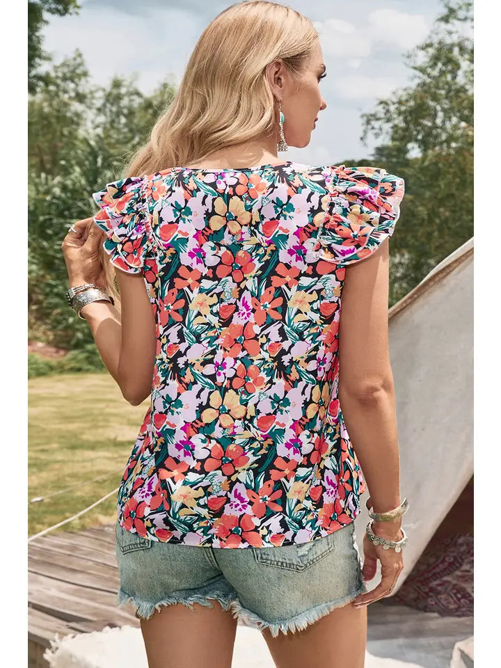 Fashion W Floral Flutter Sleeve Top