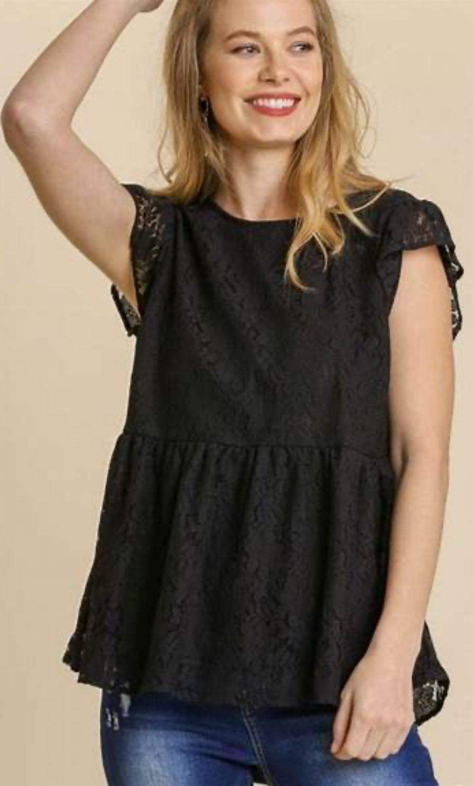Umgee Black Lace Cap Sleeve Top