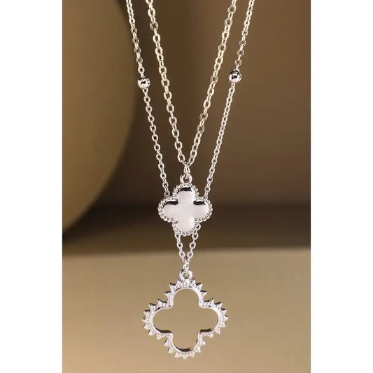 No. 3 Silver Clover Double Layer Necklace & Stud Earring Set
