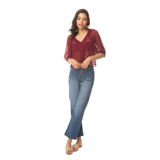 Myra Sheer Burgundy Button Up Top