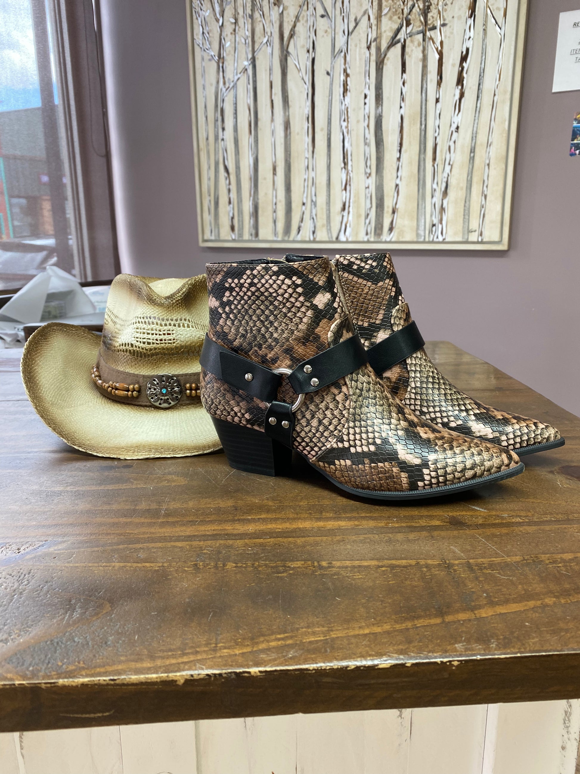 Qupid Mystique Light Brown Snake Bootie